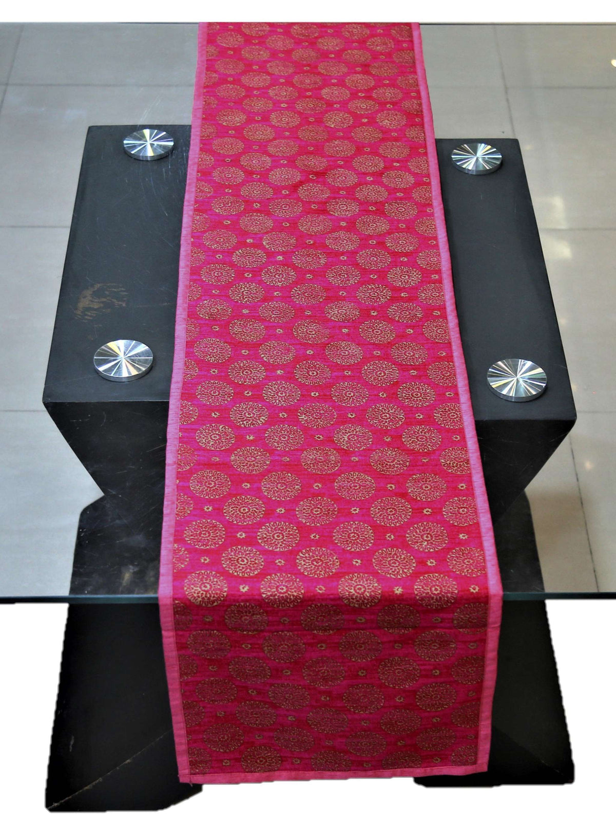 Magenta pink dupion silk table runner with a block-printed circle motif
