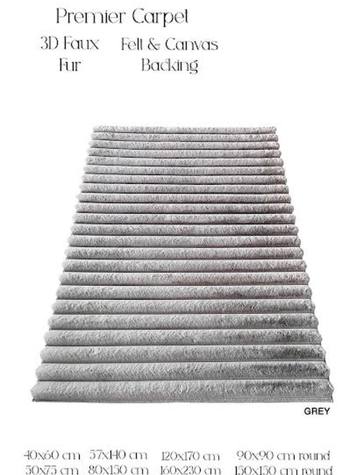 Grey ribbed 3D faux fur rug, Premier Carpet, with the size chart