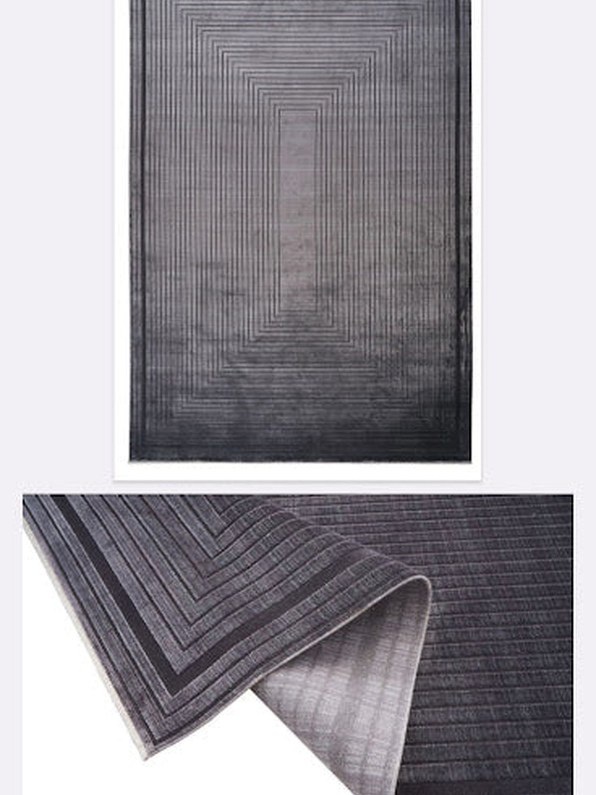 Charcoal grey bamboo viscose rug with concentric line border, Donna Collection