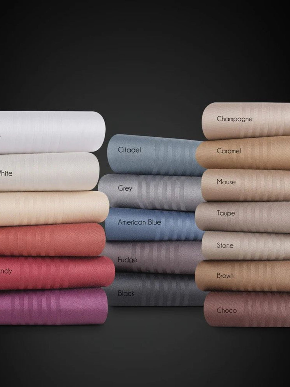 Spread Spain Barcode 450TC colour chart showing every satin stripe bedsheet shade