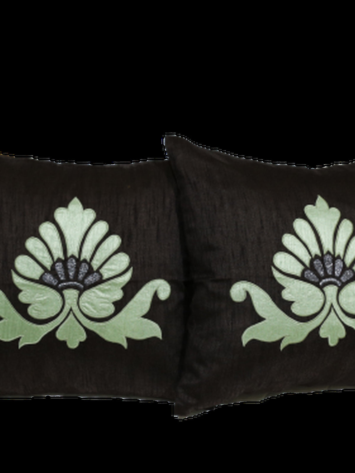 Two black cushion covers with pale green lotus appliqué, Bal Patch
