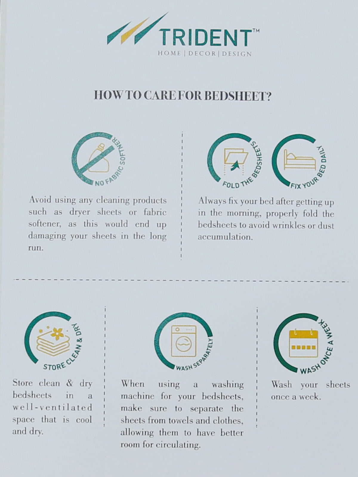 Trident bedsheet care instruction card with washing and drying guidance