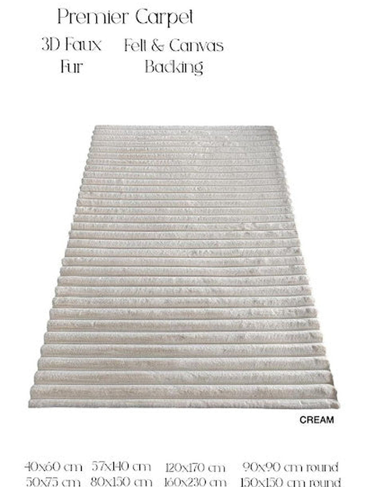 Cream ribbed 3D faux fur rug, Premier Carpet, with the size chart