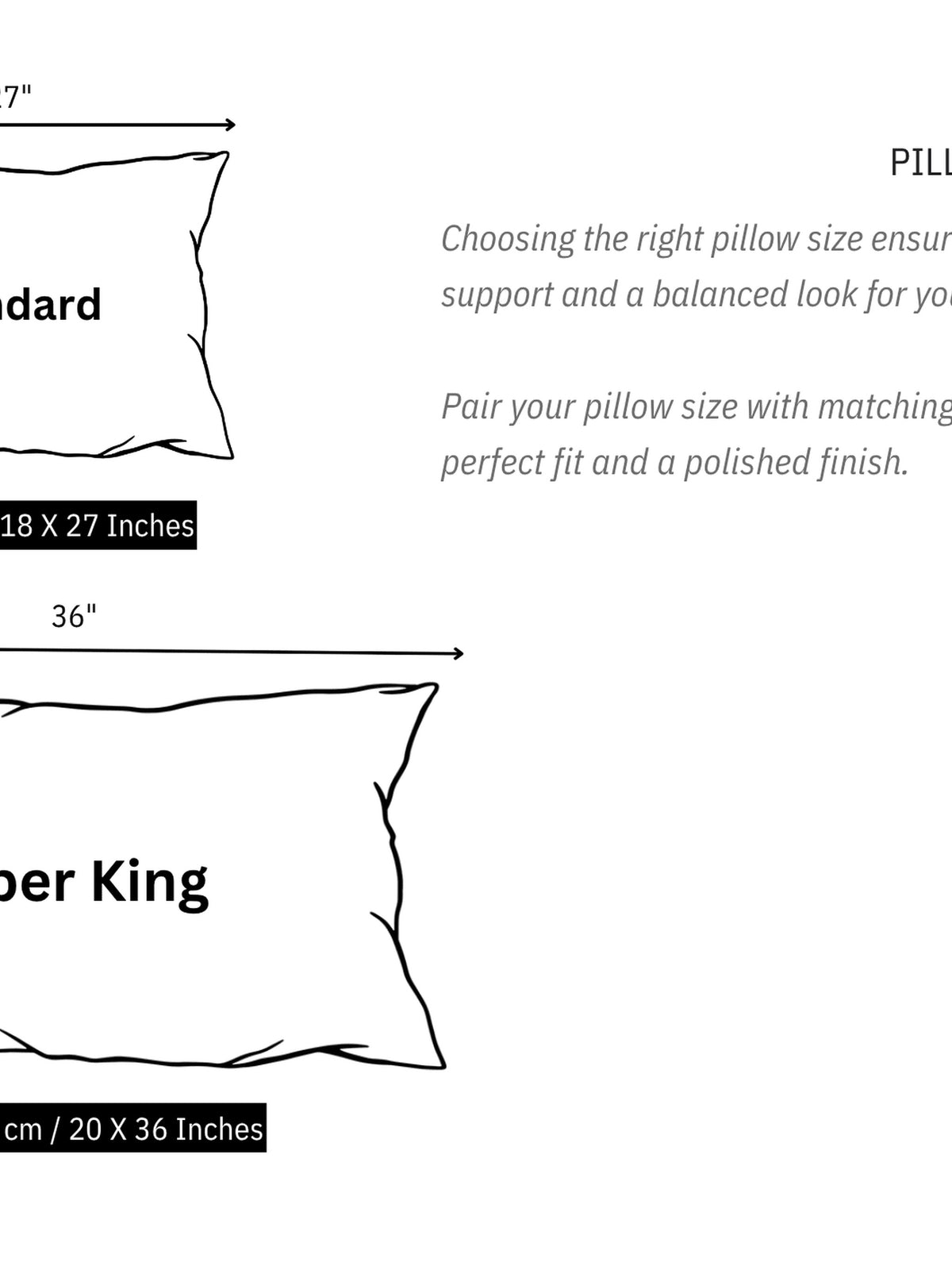 Pillow size guide comparing Standard 18 x 27 in and Super King 20 x 36 in