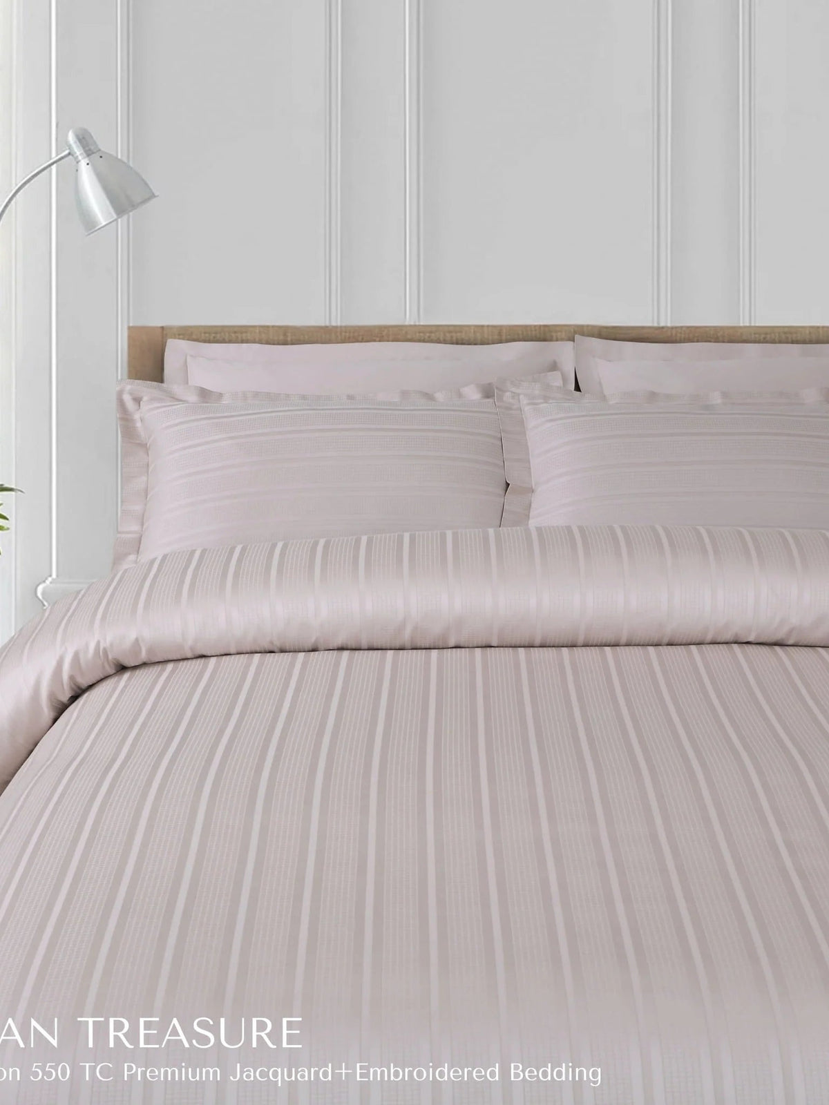 Blush satin-stripe jacquard bedding made up on a bed, Tuscan Treasure 550TC