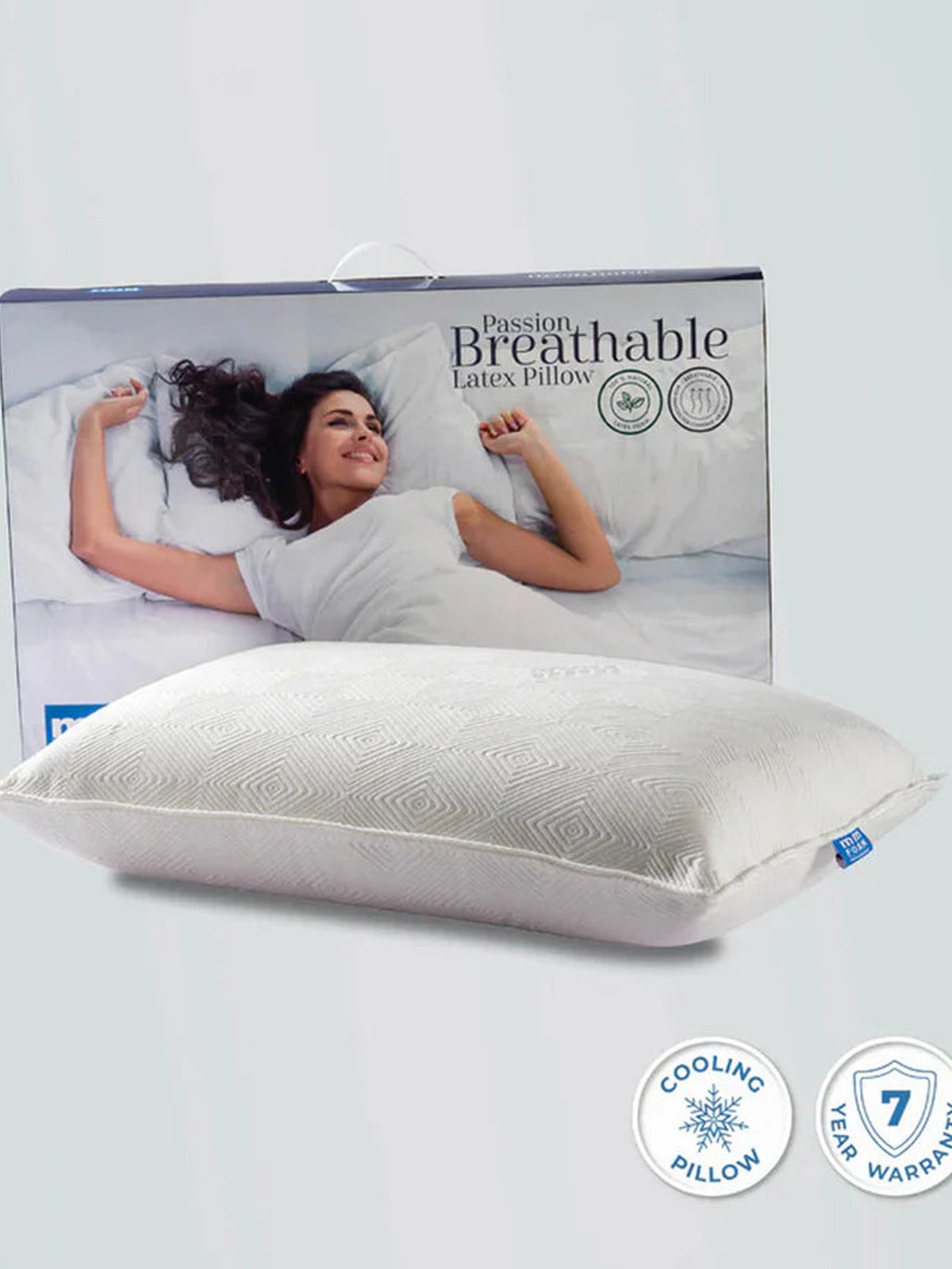 mmFoam Breathable latex pillow beside its retail box