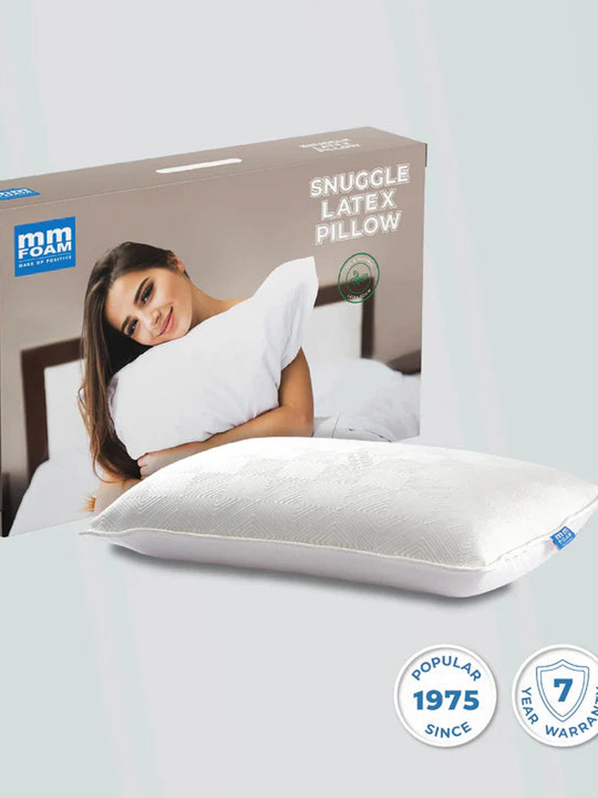 mmFoam Snuggle latex pillow beside its retail box