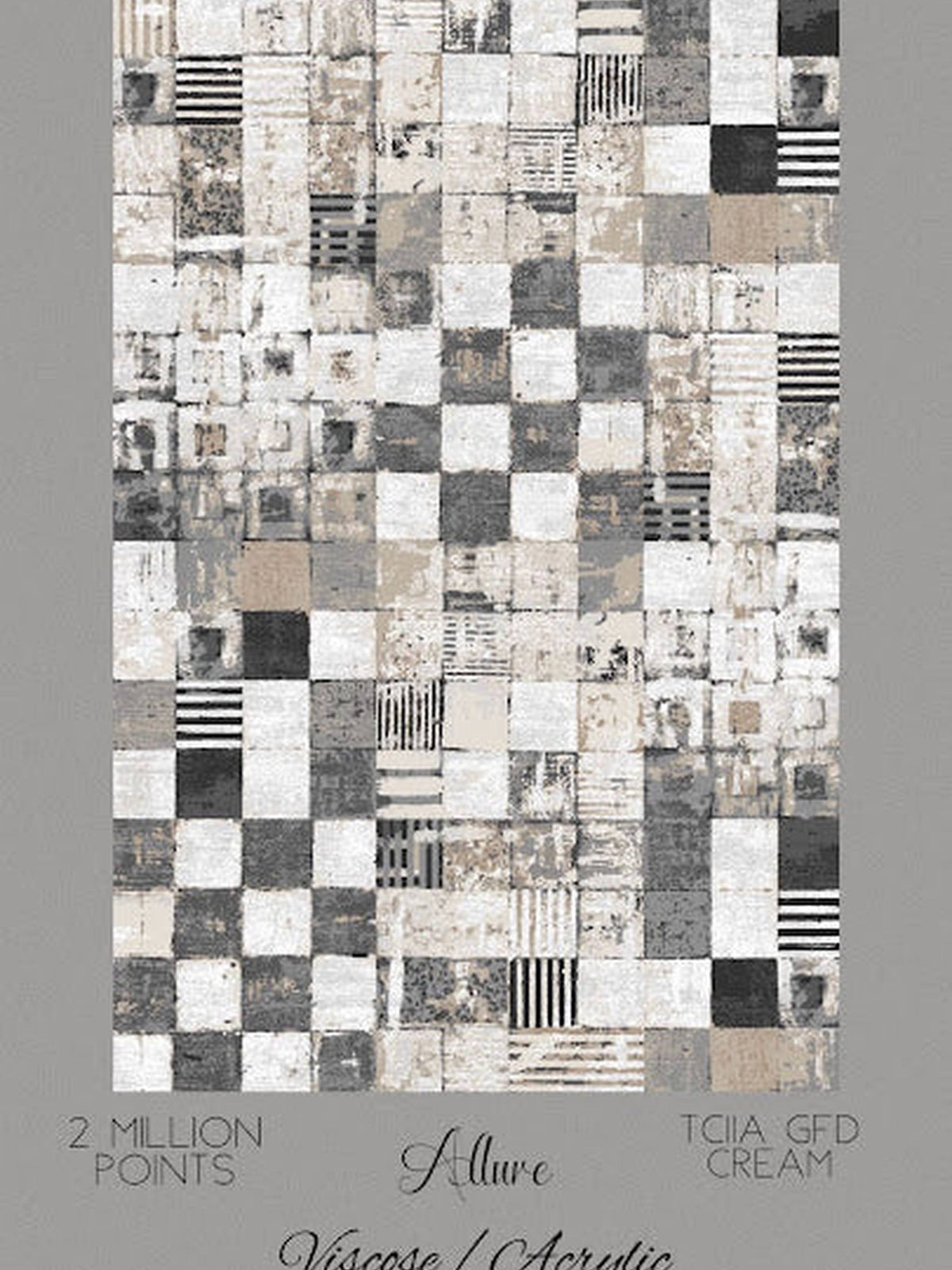 Cream, grey and charcoal patchwork checkerboard rug, Allure viscose-acrylic