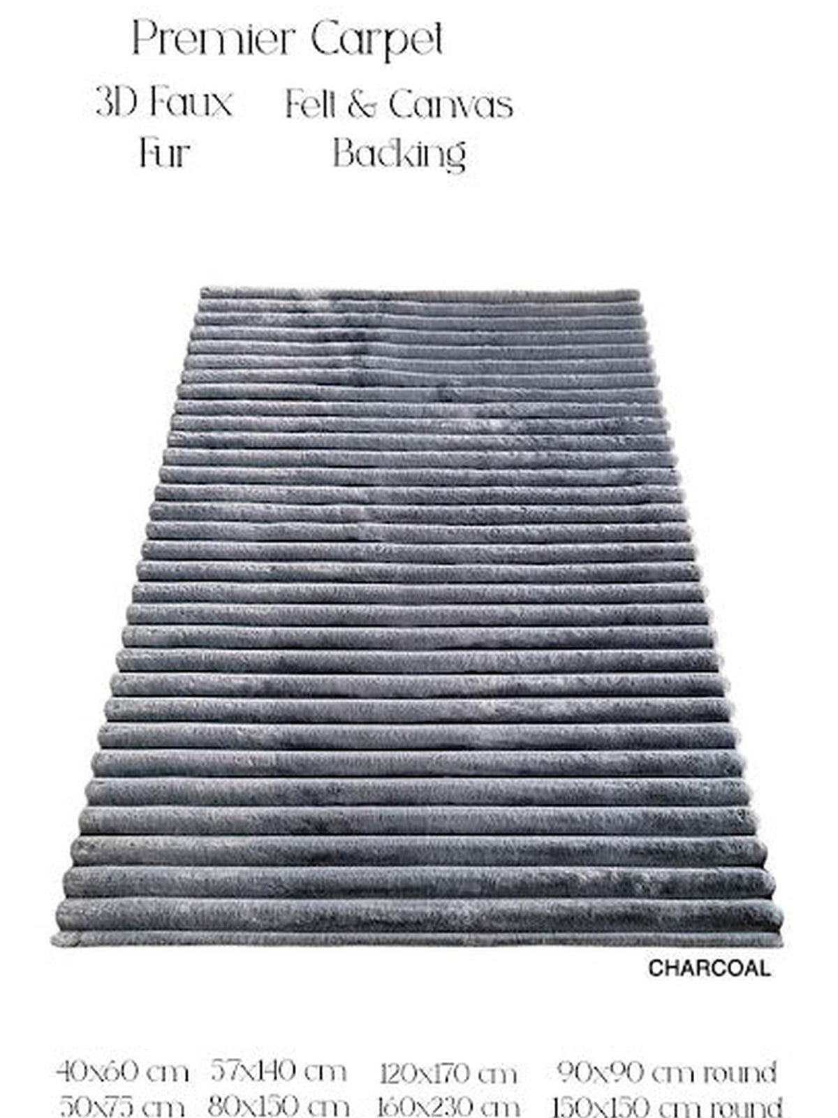 Charcoal ribbed 3D faux fur rug, Premier Carpet, with the size chart