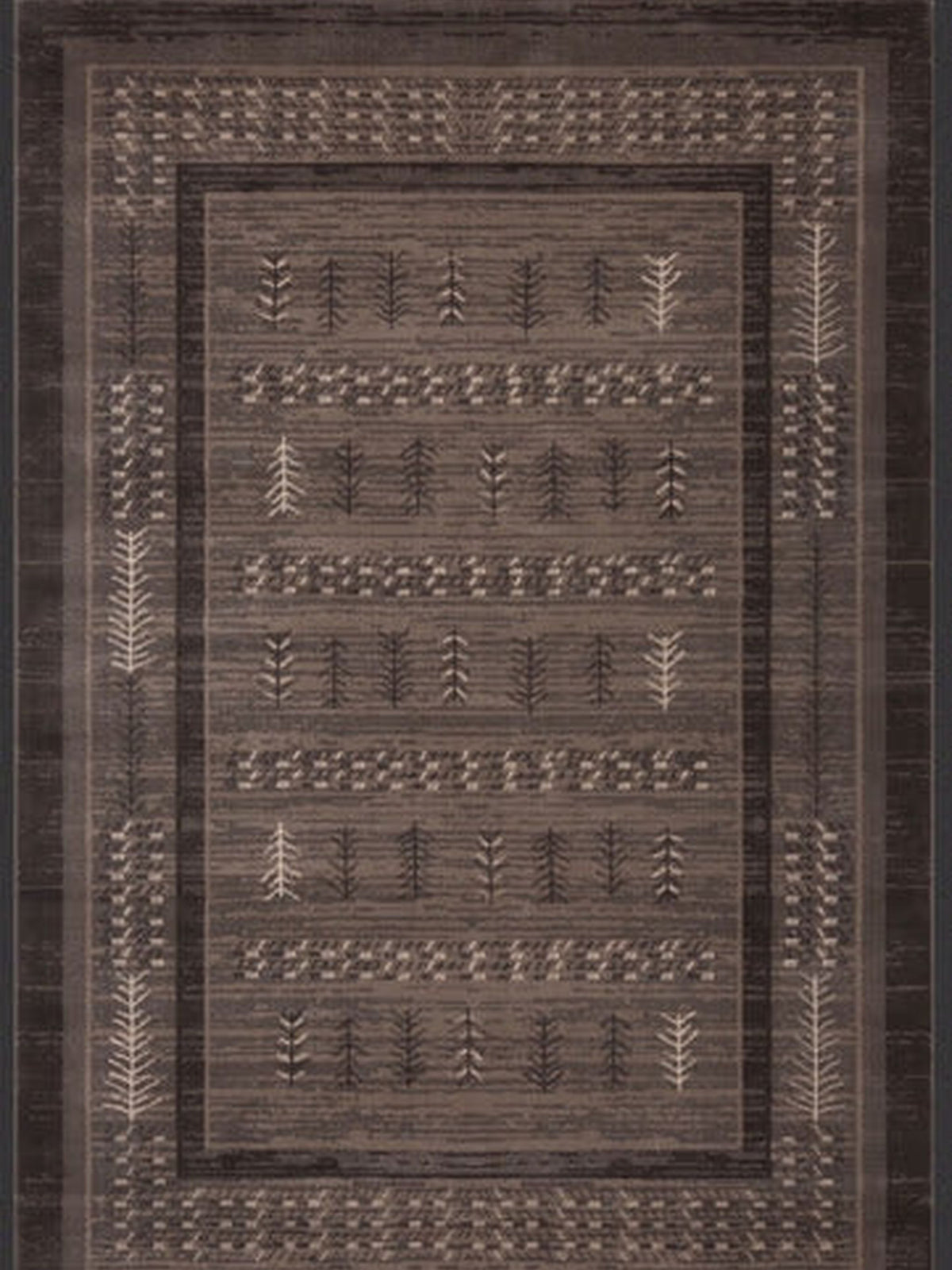 Dark brown tribal banded rug with a wide border, Grand Kendra Bellagio
