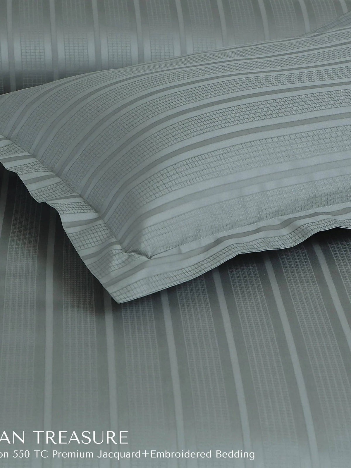 Close view of the slate grey satin stripe weave, Tuscan Treasure 550TC