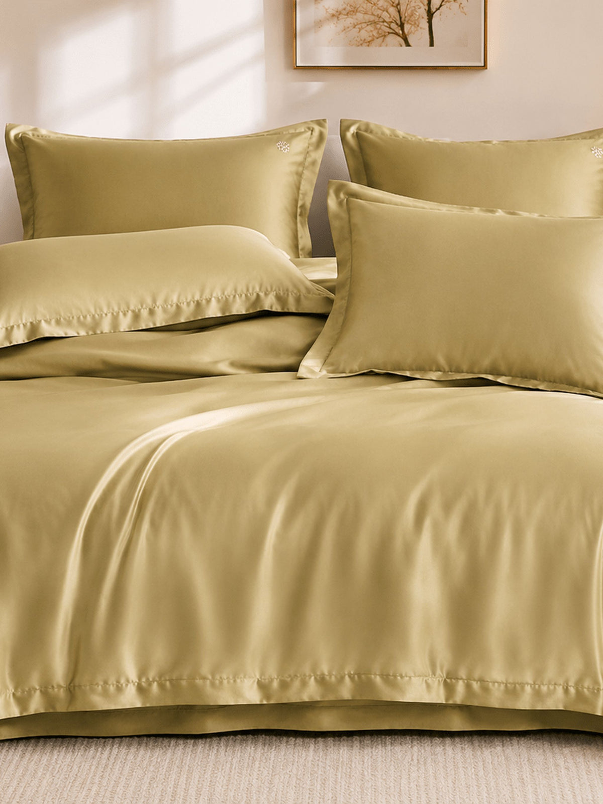 Olive gold Tencel bedding set with duvet cover and matching pillows