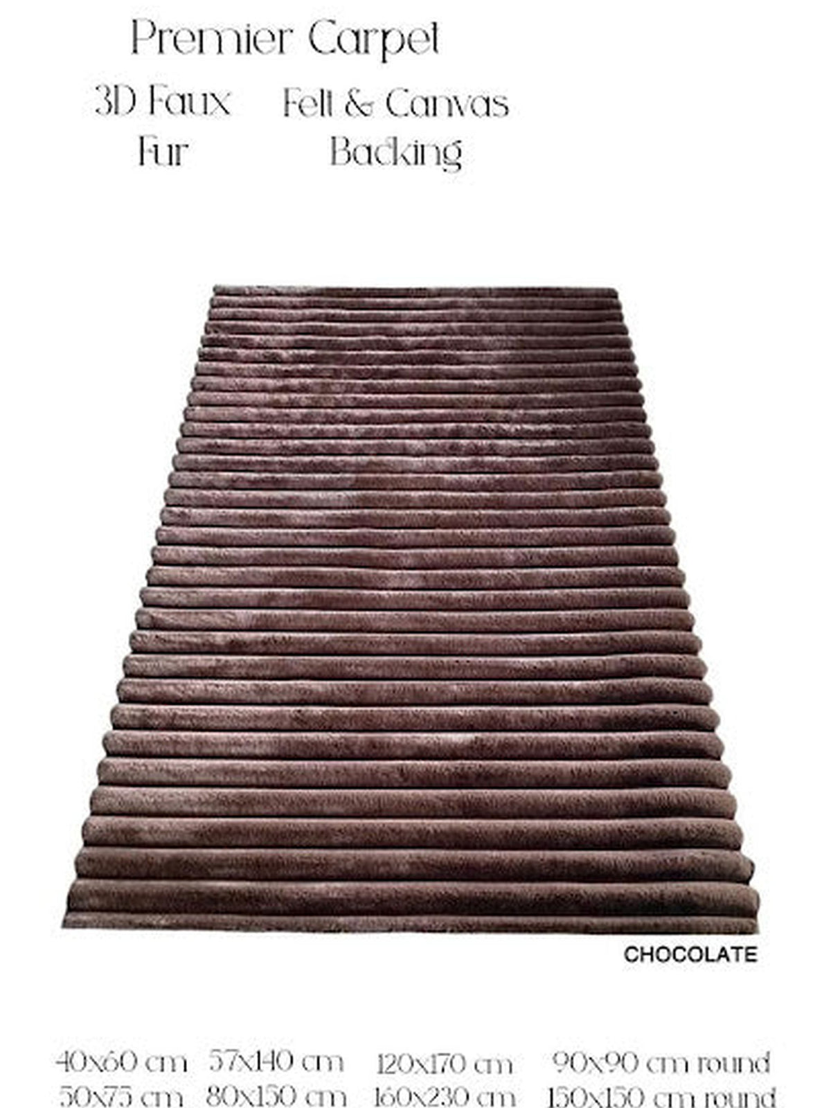 Chocolate brown ribbed 3D faux fur rug, Premier Carpet, with the size chart