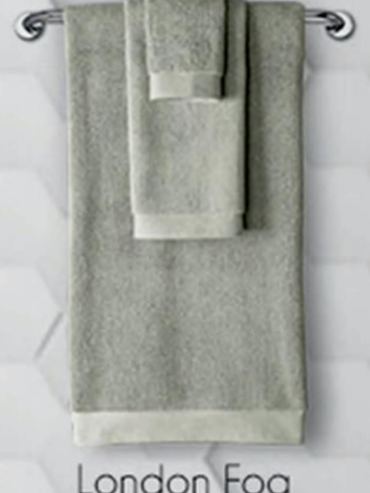 Sage grey cotton towel set hanging on a rail, Resort Towel in London Fog