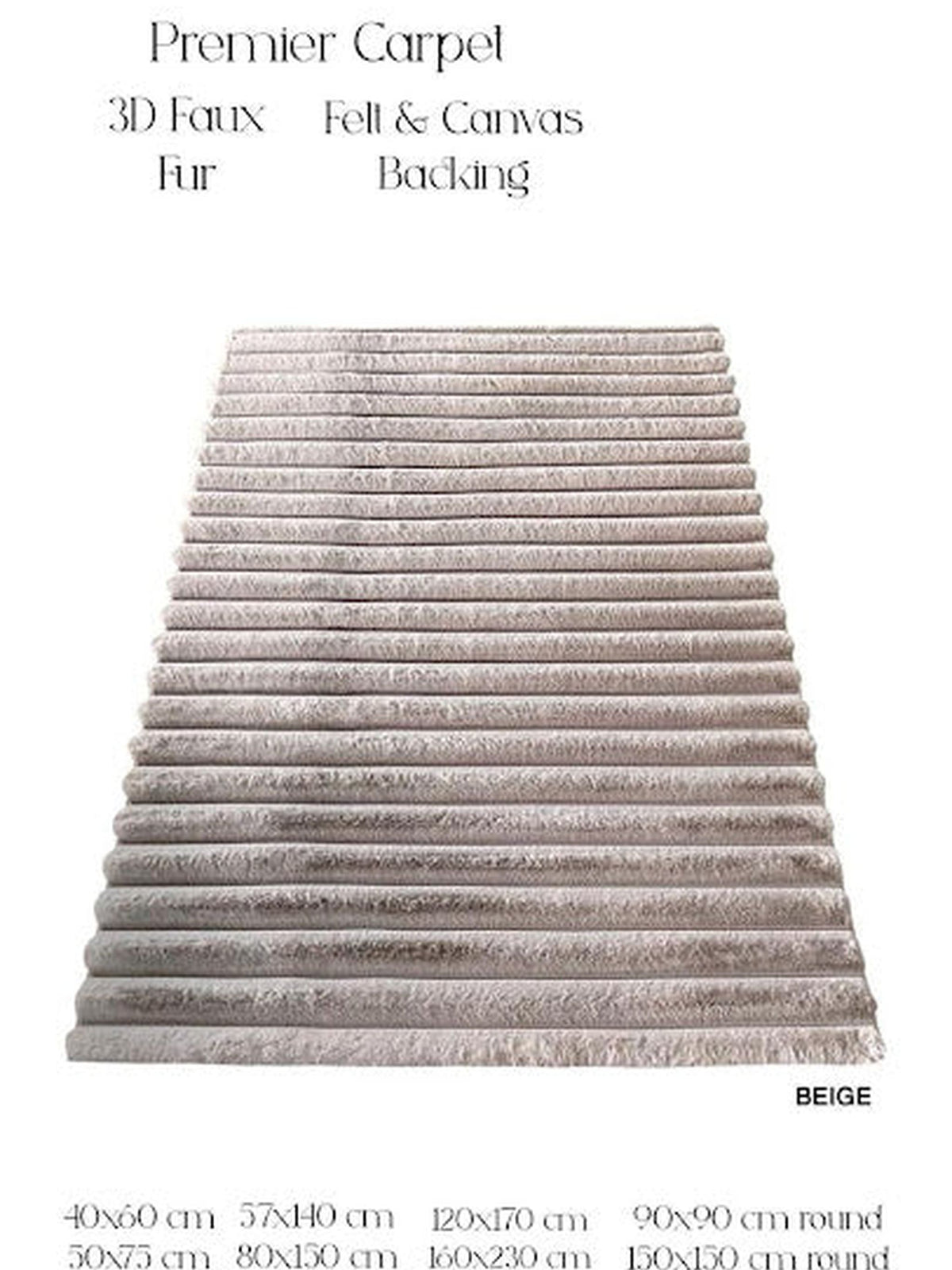 Beige ribbed 3D faux fur rug, Premier Carpet, with the size chart