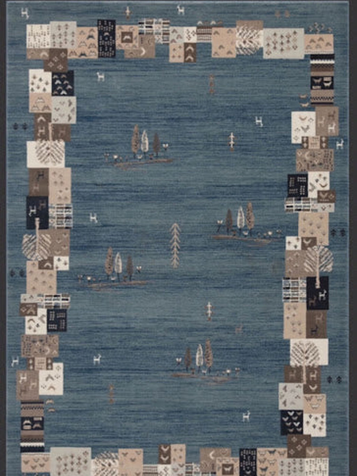Denim blue gabbeh-style rug with a patchwork tile border, Grand Kendra Bellagio