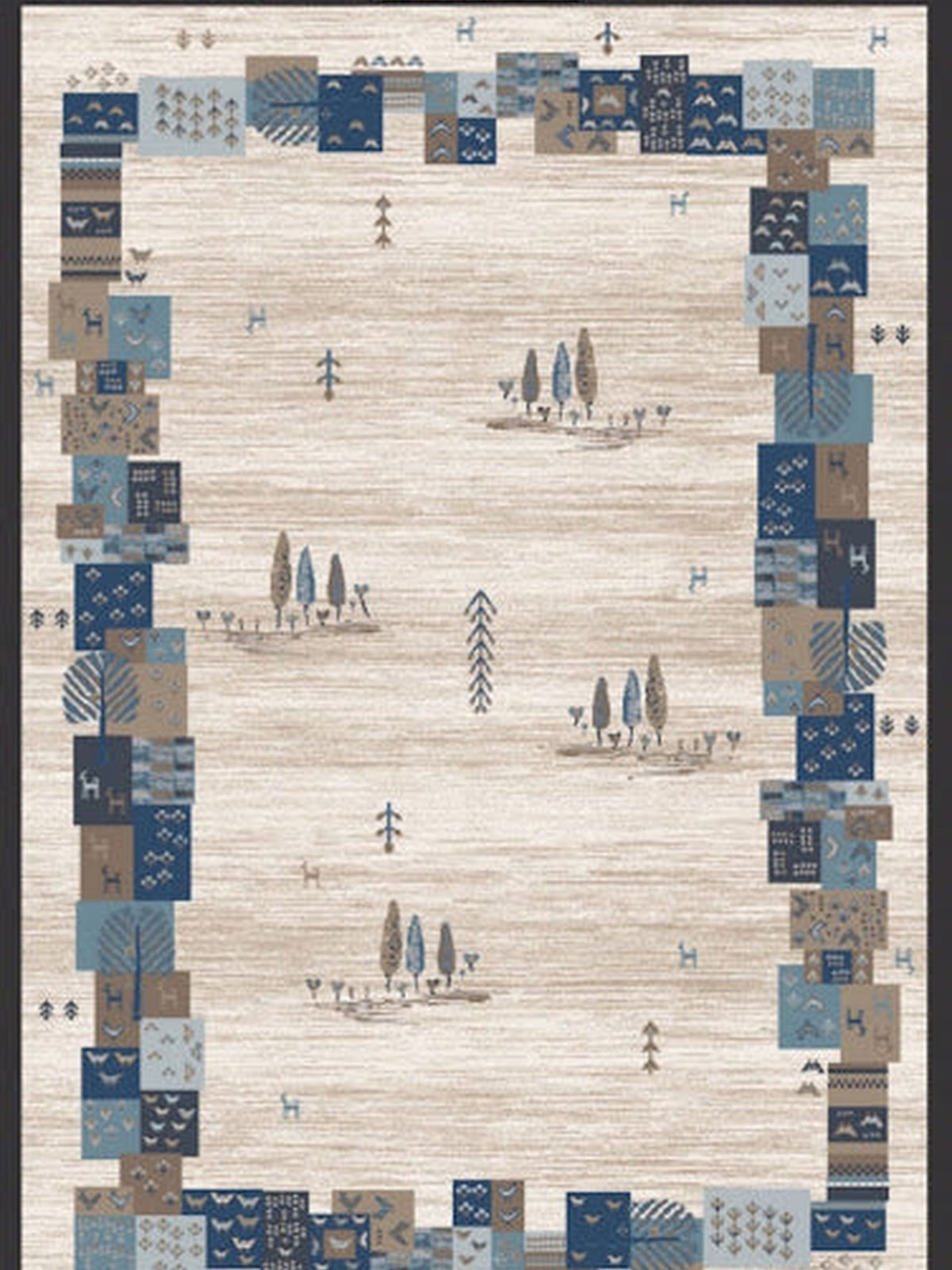Sand gabbeh-style rug with a blue patchwork tile border, Grand Kendra Bellagio