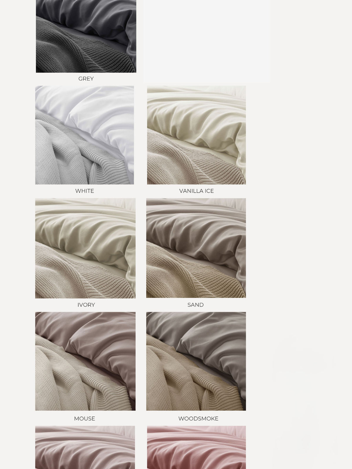 Supima 900TC colour chart showing all available bedsheet shades