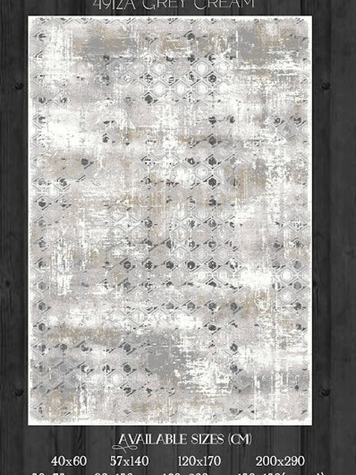 Catalogue sheet: Proxima Bellagio rug 4912A Grey Cream with available sizes in cm
