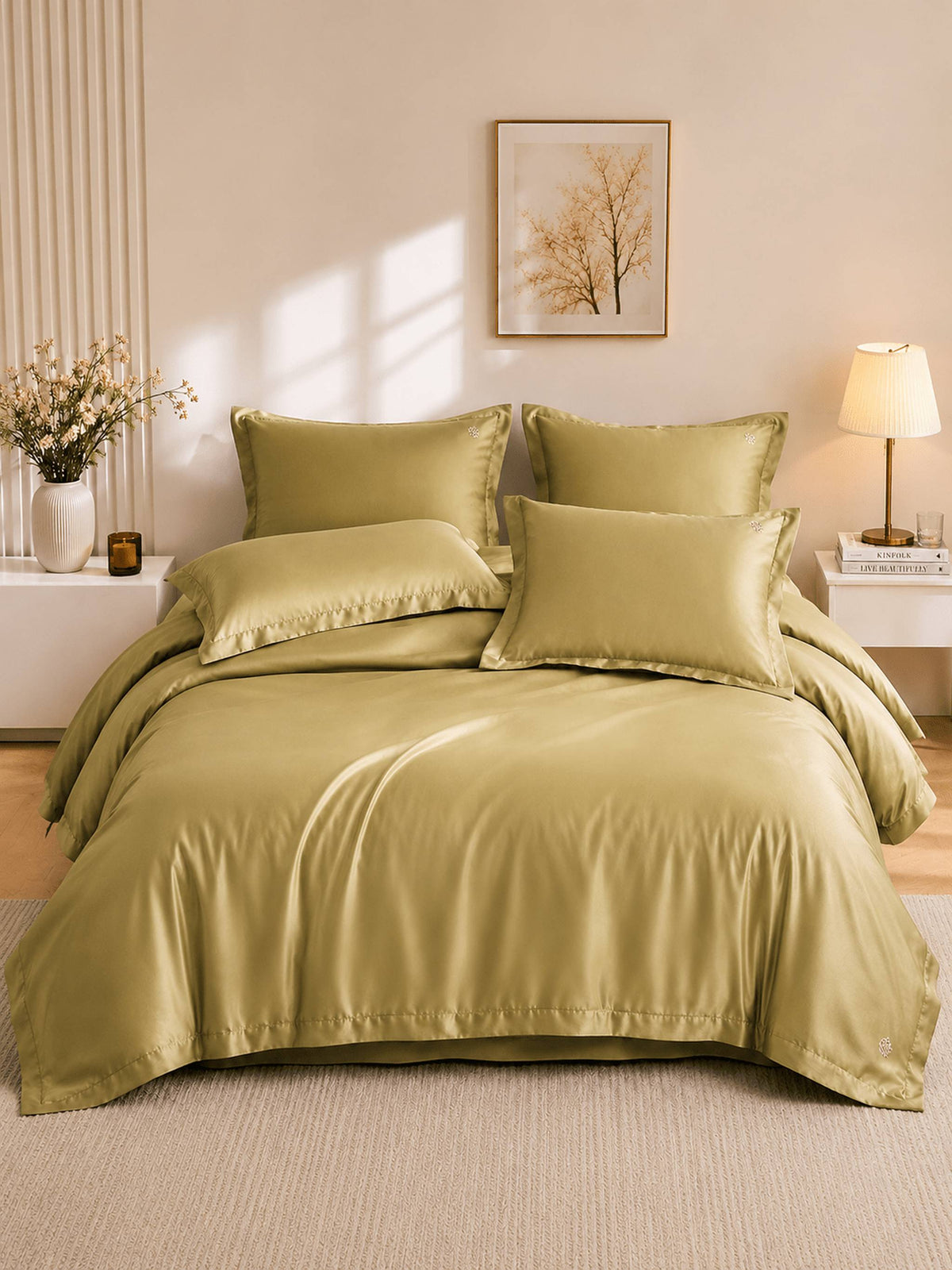 Olive gold Tencel bedding set with duvet cover in a bright bedroom