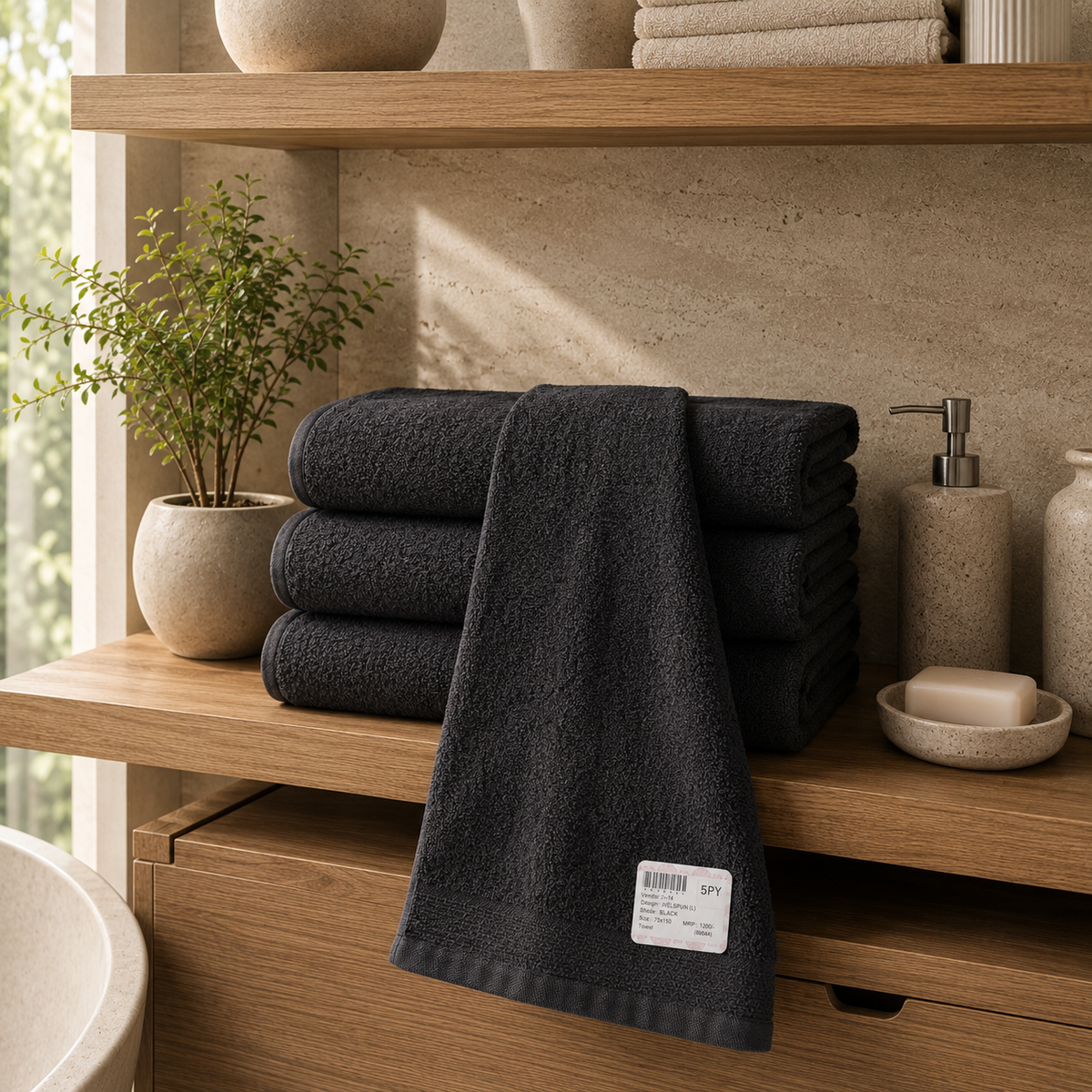 Charcoal cotton towels folded and hanging on a wooden bathroom shelf