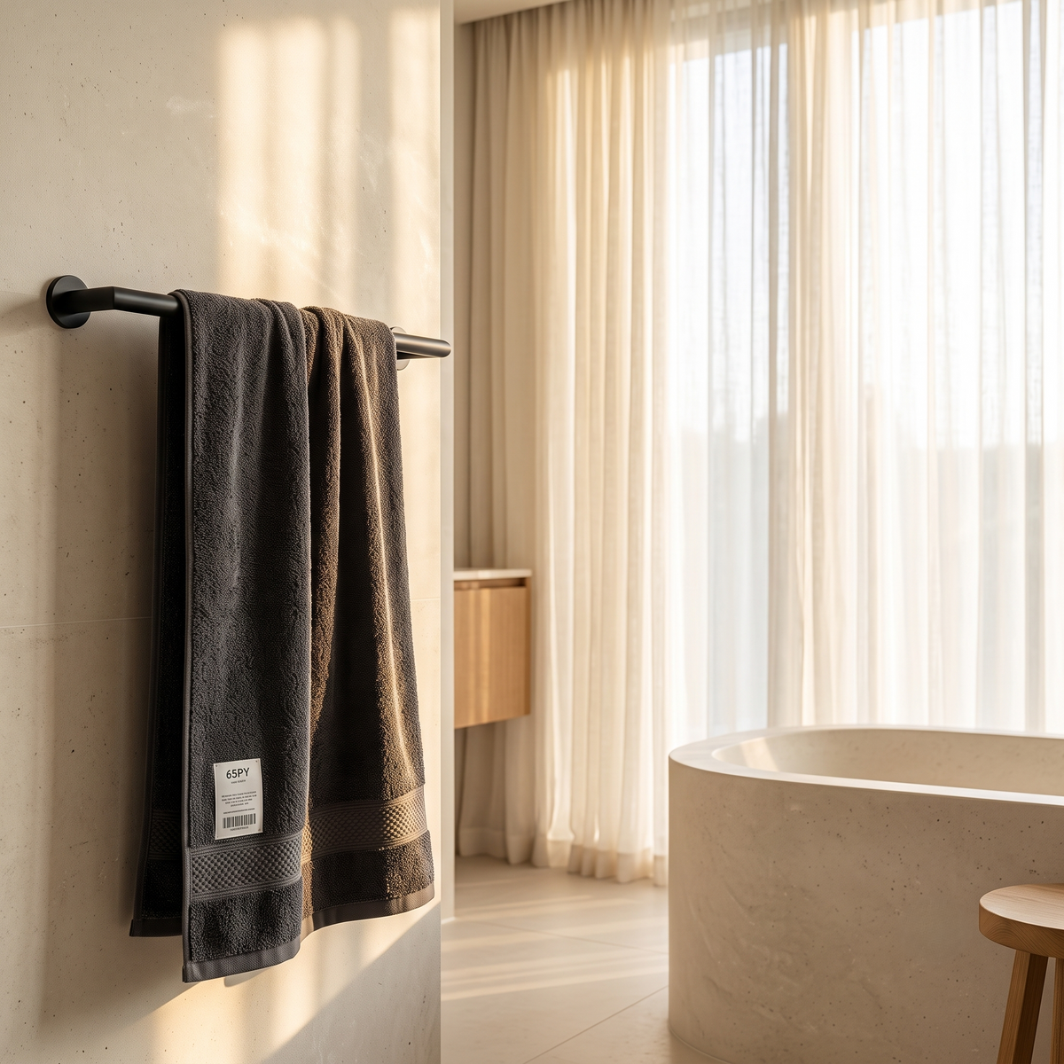 Charcoal cotton bath towel on a rail in a sunlit bathroom with a stone bath