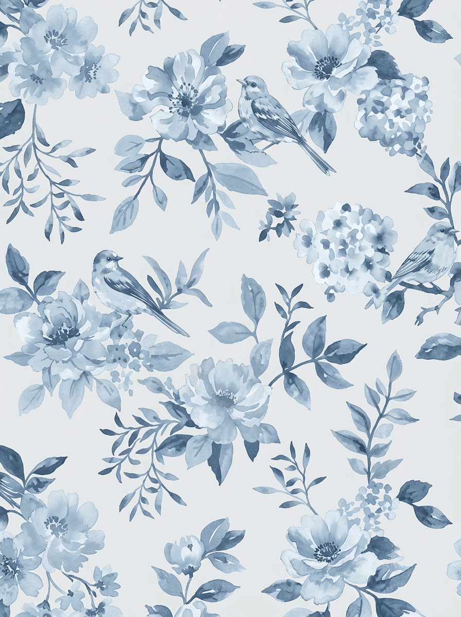 Floral Aviary Paradise Wallpaper Blue