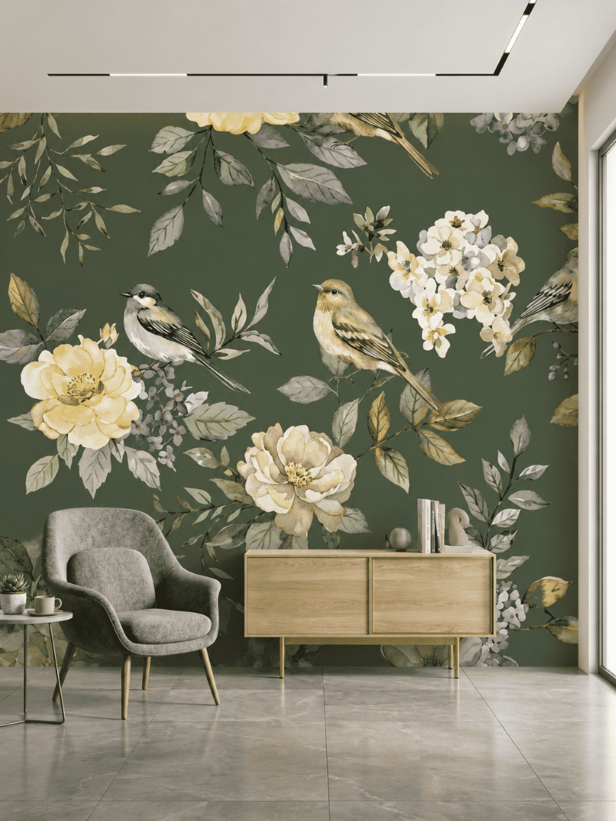 Floral Aviary Paradise Wallpaper Green