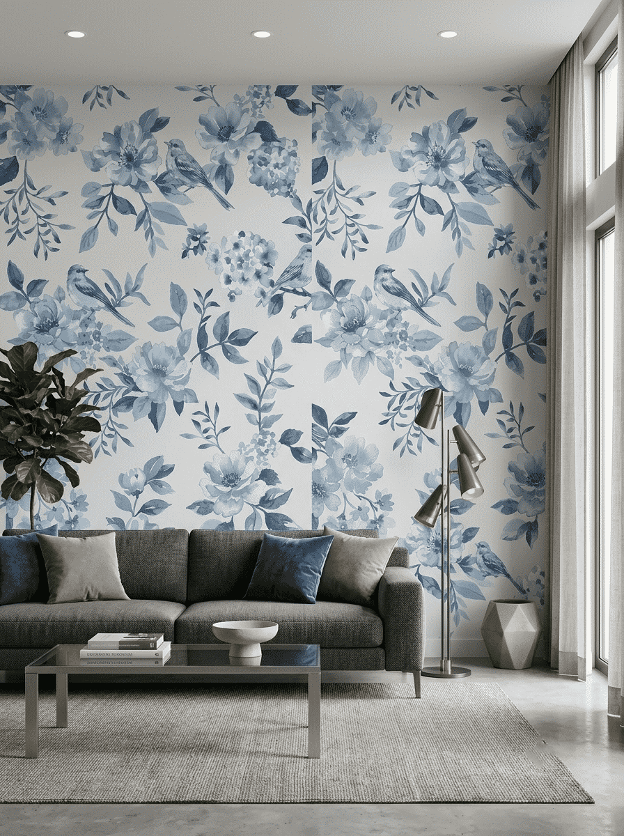 Floral Aviary Paradise Wallpaper Blue