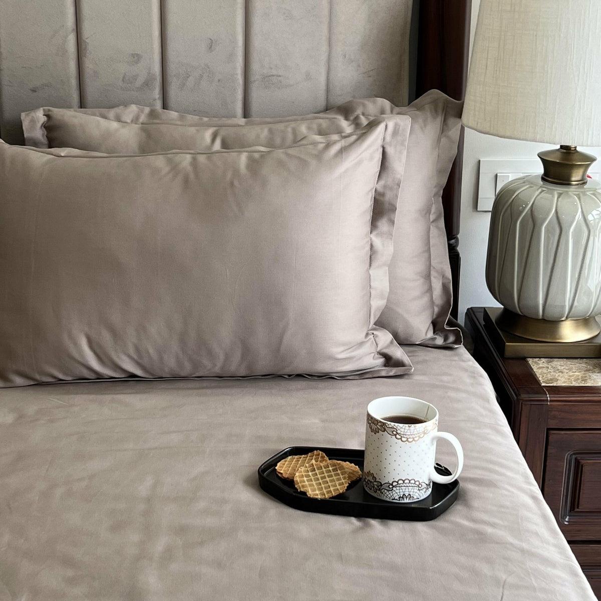Greige sateen bedding with oxford pillows and a breakfast tray, Greige Luxe Collection
