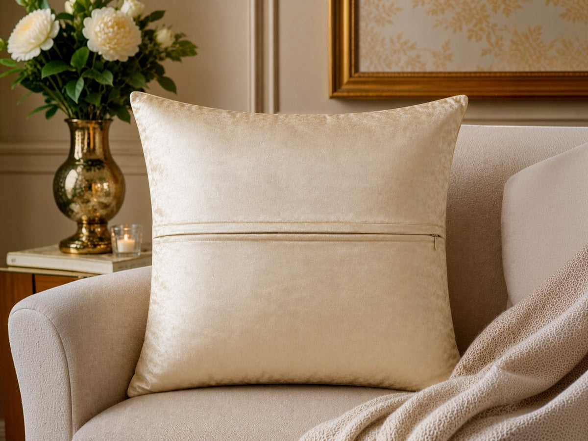 Jagdish Store 16x16 cream cushion cover with gold and burgundy floral embroidery and delicate beadwork accents.