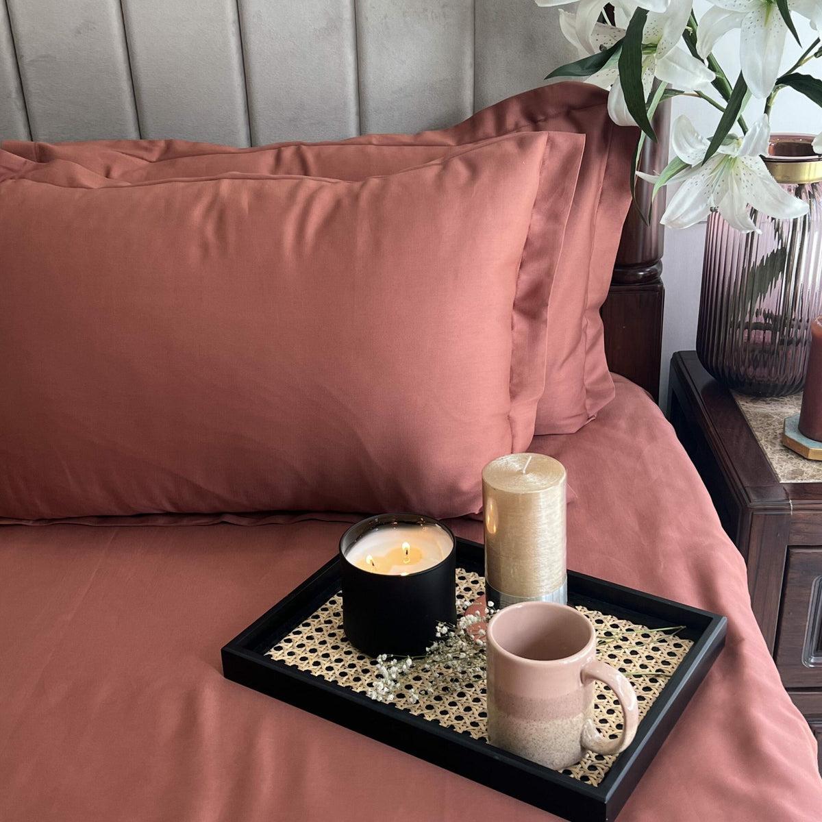 Clay rose sateen bedding with a breakfast tray, Terracotta Luxe Collection