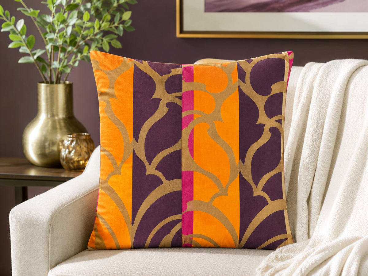 Abstract printed orange and purple polysilk cushion cover