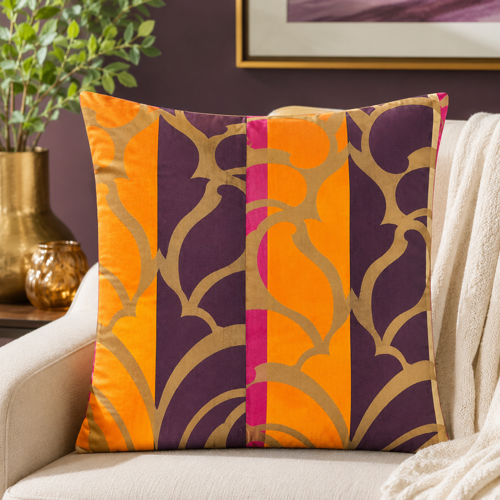 Abstract printed orange and purple polysilk cushion cover