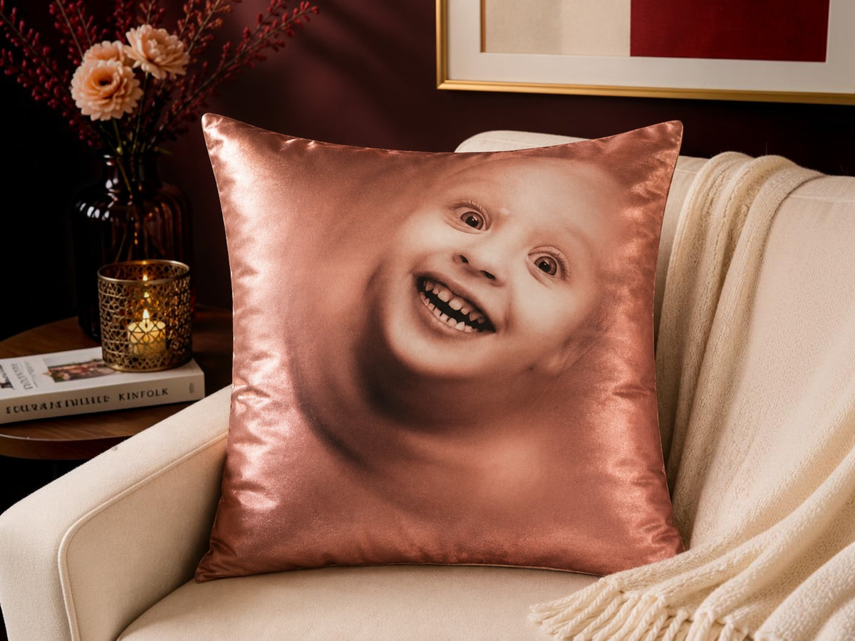 Baby portrait printed polysilk cushion cover in warm brown tones