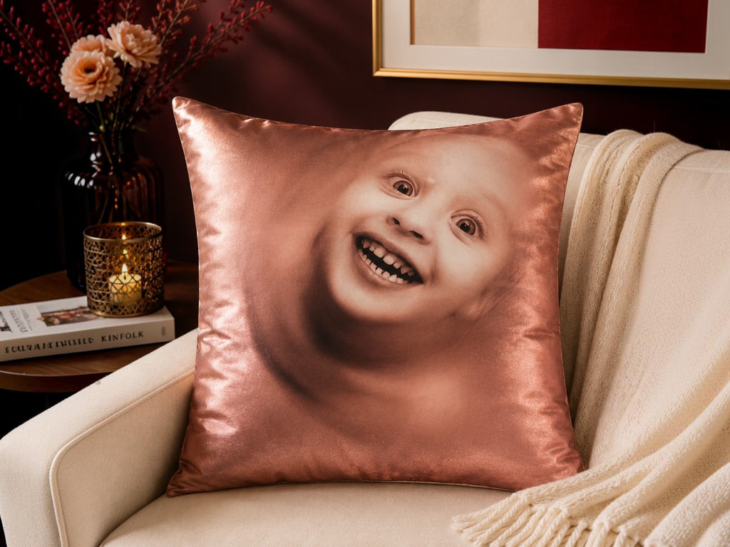 Baby portrait printed polysilk cushion cover in warm brown tones