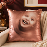 Baby portrait printed polysilk cushion cover in warm brown tones