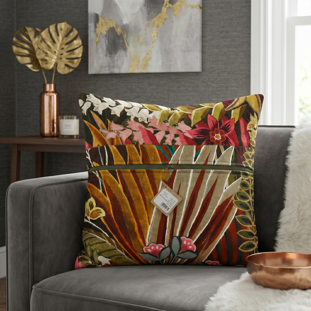 Tropical botanical printed cotton cushion cover featuring colorful leaves and floral motifs on a sofa