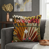 Tropical botanical printed cotton cushion cover featuring colorful leaves and floral motifs on a sofa