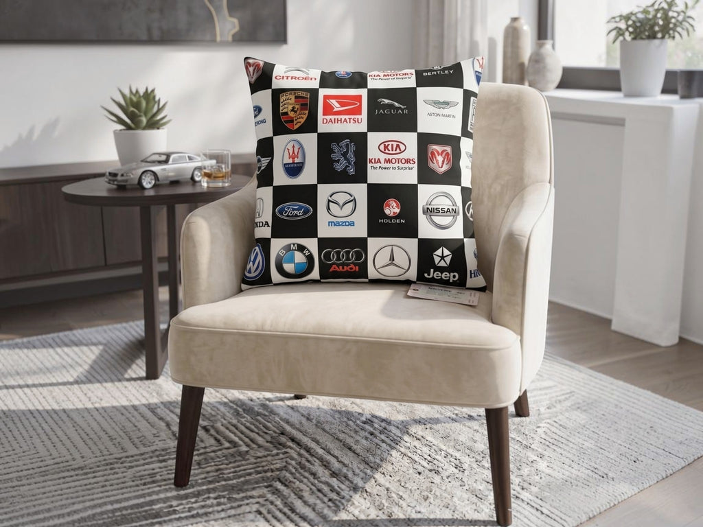 Reversible black and white polysilk cushion cover featuring automotive logo checkerboard print