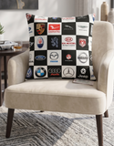 Reversible black and white polysilk cushion cover featuring automotive logo checkerboard print
