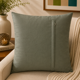 Sage green polysilk cushion cover featuring embroidered motifs with decorative bead work accents
