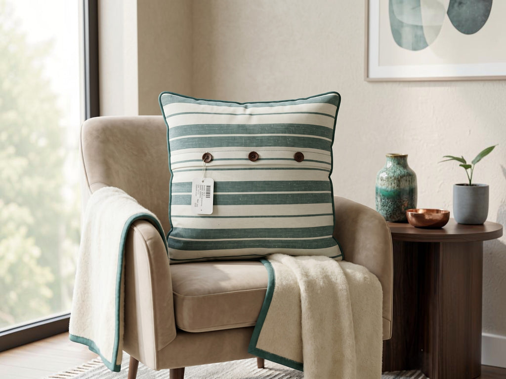 Green and white striped cotton cushion cover with contrast piping displayed on a beige accent chair