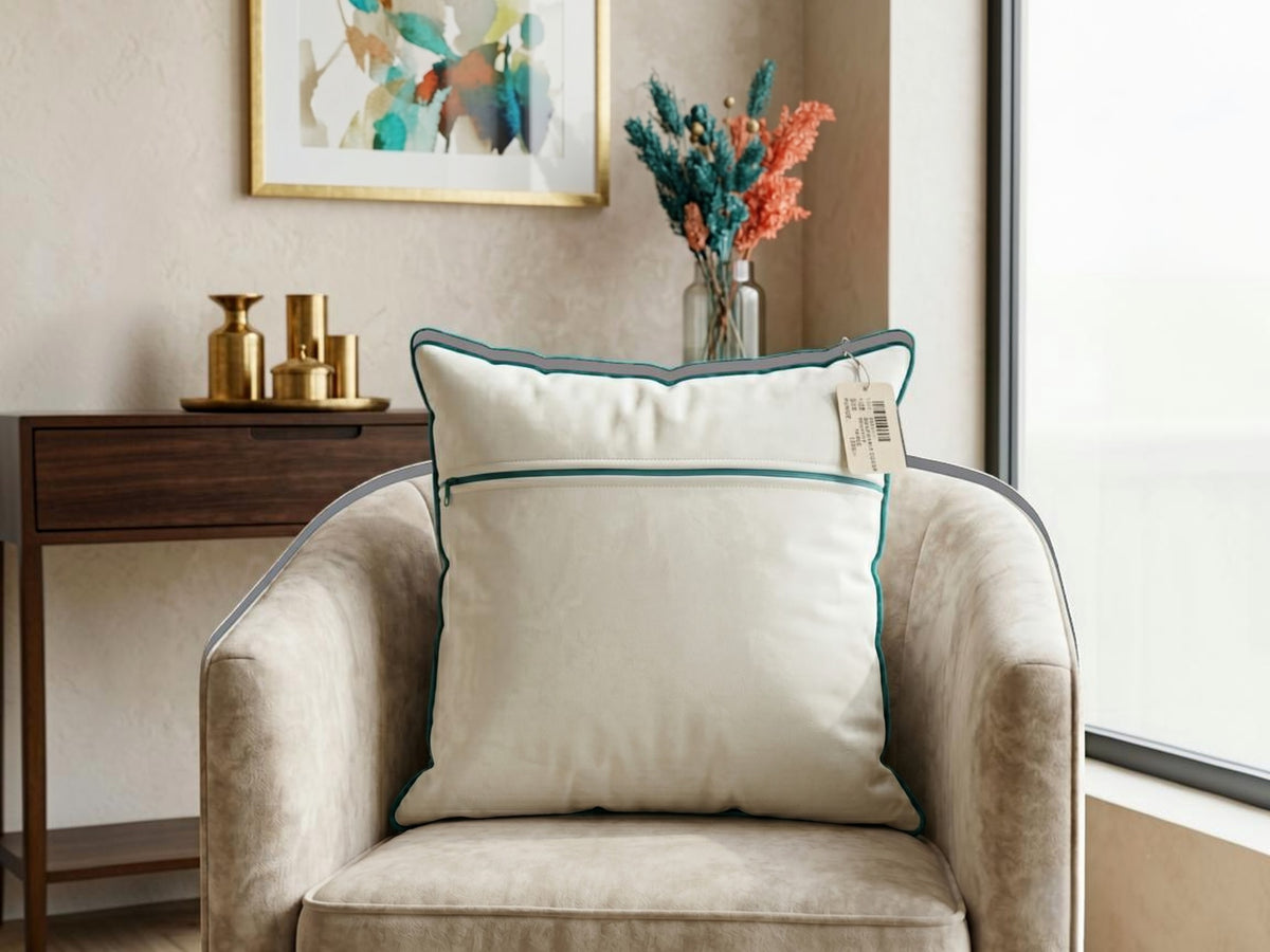 Back view of cotton cushion cover with concealed zipper closure and contrast piping detail