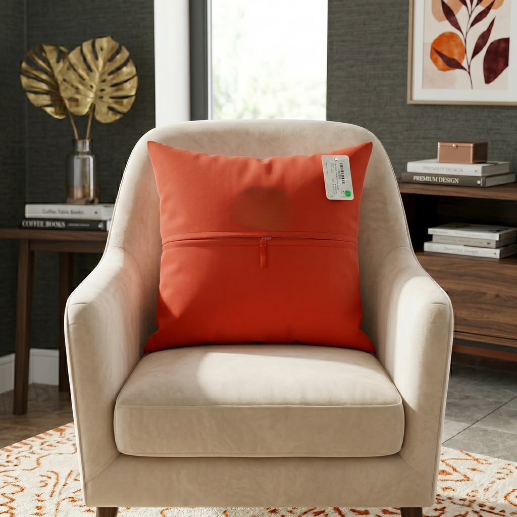 Back view of orange polysilk cushion cover with solid color finish and concealed zipper closure