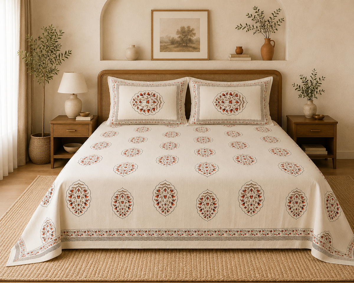 Khadi beige traditional printed cotton bedcover set with pillow covers
