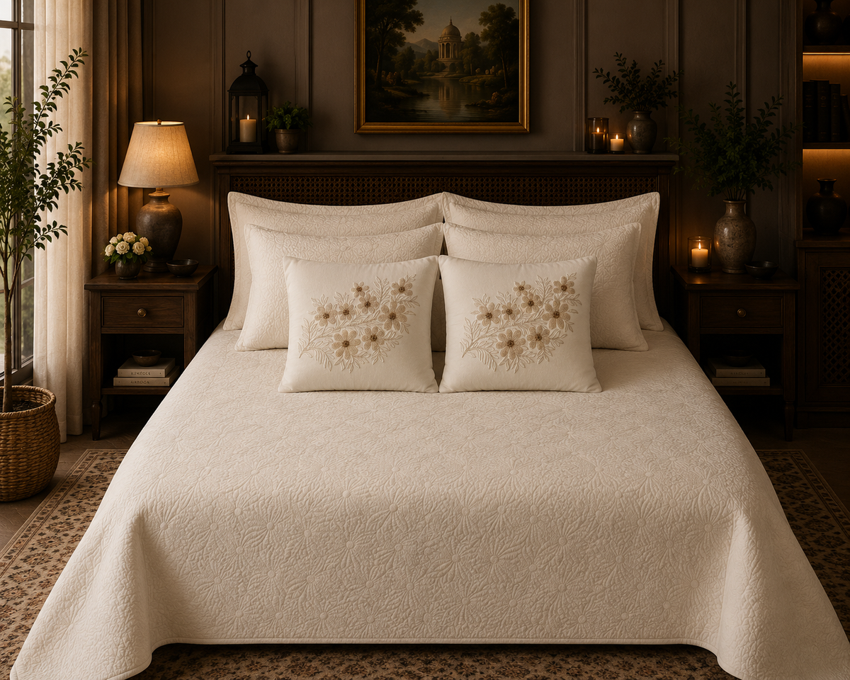 Jubilee beige quilted floral cotton bedcover set with embroidered cushion covers