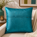 Blue patch work polysilk cushion cover with circular applique design
