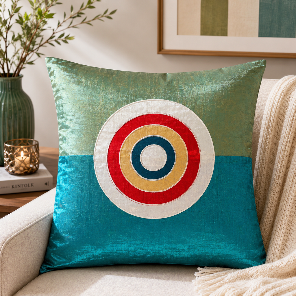 Blue patch work polysilk cushion cover with circular applique design