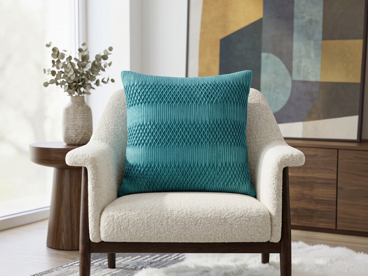 Blue pleated geometric poly silk cushion cover with textured designer pattern